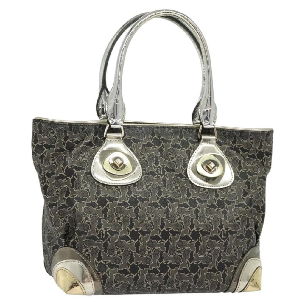 Celine Horse Carriage Hand Bag Pvc Black Silver Gold Auth Bs23020